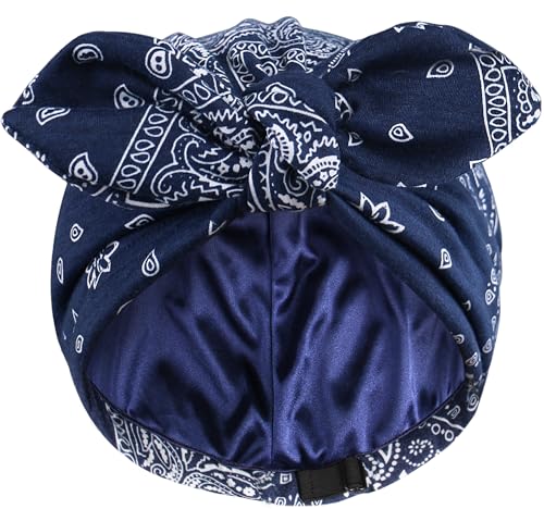 Ababalaya Satin Lined Beanies for Women Chemo Headwear Silky Lined Cotton Sleeping Cap - color: Navy Blue