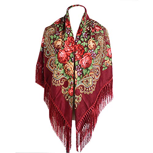 Gudessly Women's Traditional Scarf Wrap Tassel Fringes Neck Head Shawl Retro Scarf Floral Poncho Printing Square Cape 50inch - color: Wine Red
