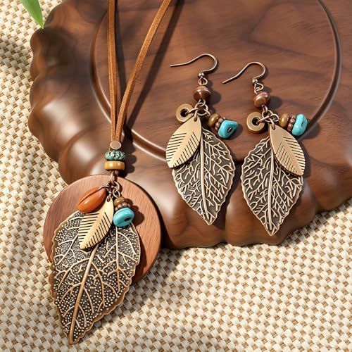 Wooden Leather Necklaces Set Bohemian Wood Stack Discs Long Chain Hemp Rope Bronze Plated Pendant Ethnic Tribal Fall Leaf Earrings Jewelry Statement Necklace - color: R-028