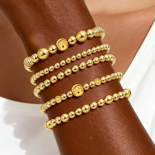 Gold Beaded Bracelets for Women: 14K Gold Bracelets for Women Trendy Dainty Gold Ball Bracelet Stack for Womens - Boho Stretch Bracelets Jewelry Sets with Cross Fashion Accessories Gifts for Women - style: Gold Ball