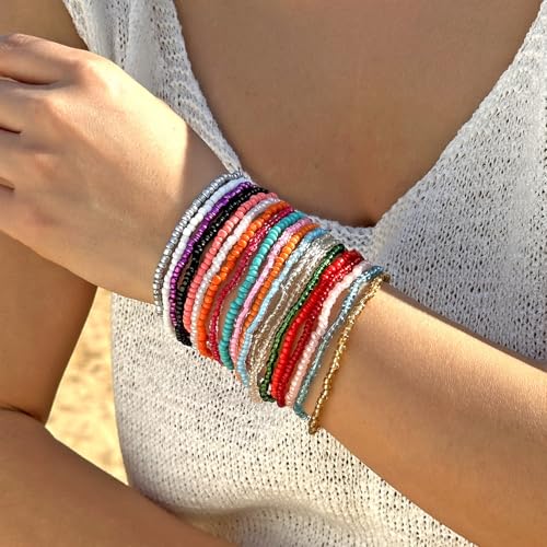 Fuqimanman2020 17Pcs Elastic Beaded Handmade Bracelets Bohemian Stackable Beaded Stretch Bracelets Colorful Rainbow Seed Beach Anket Bracelet Set Summer Jewelry for Women - color: Colorful