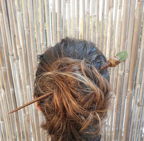 Natural Tumbled Healing Gemstone Crystal Wooden Hair Stick Handmade Gifts Boho Reiki by Smoky Quartz (Prihenite) - color: Prihenite