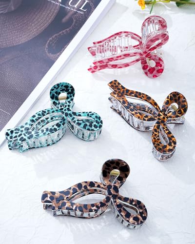 Mesovor 4 Pack Elegant Bow Hair Claw Clips, Nonslip 4.3" Large Hair Grip Hairclips for Thin and Thick | Acrylic Hair Strong Hold Hair Jaw Clamps (Pink Leopard, Brown Leopard) - color: Pink Leopard, Brown Leopard