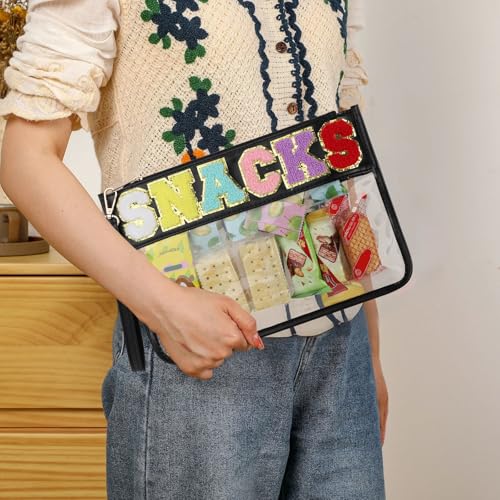 Clear Snack Bag for Travel, Chenille Letter Clear Zipper Snacks Pouch Nylon Cosmetic Bag Makeup Travel Bag for Women - color: Black