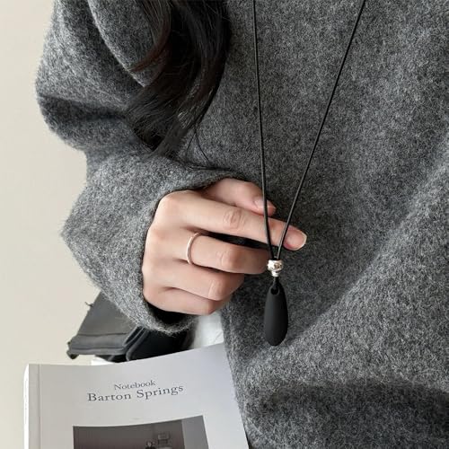 Long Gold Pendant Necklaces for Women Trendy Chunky Silver Big Pendant Statement Goth Black Leather Cord Rope Large Bean Necklace Boho Dangle Jewelry - color: Black