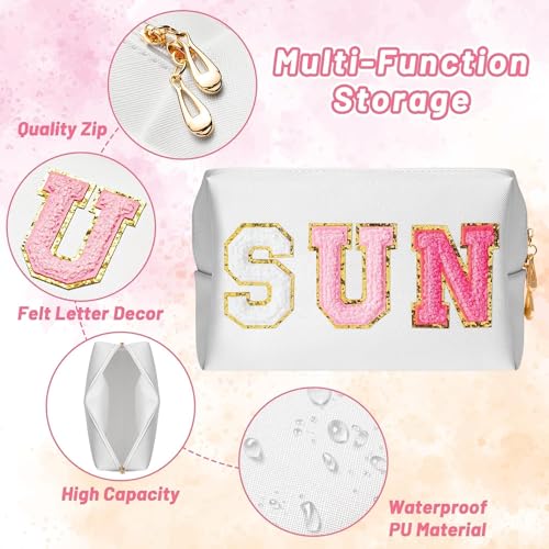 Preppy Patch Sun Cosmetic Bag Summer Sunscreen PU Leather Toiletry Makeup Bag Portable Waterproof Makeup Pouch Travel Beach Pouch Daily Use Zipper Purse for Women Girls Birthday Gifts - color: White, style: Sun
