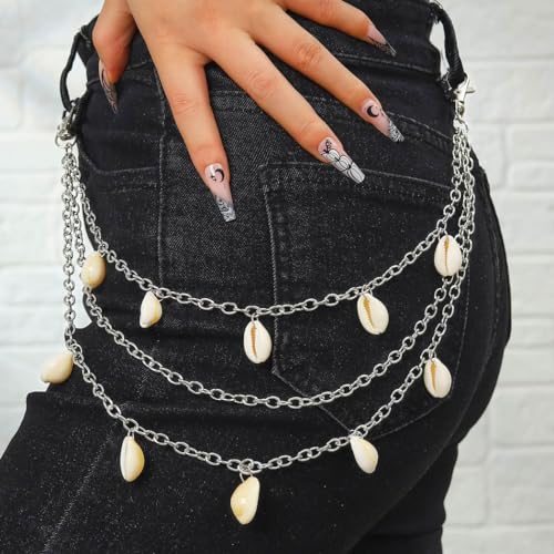 Boho Layered Pant Chains Silver Sea Shell Wallet Chain Summer Beach Jean Chains for Women and Men