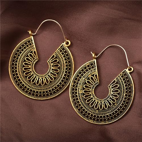 Boho Antique Carved Flower Dangle Drop Earrings for Women Vintage Retro Handmade Hollowed Antiqued Bronze Floral Shaped Geometric Gold Silver Plated Hoop Earrings for Ethnic Style Jewelry Gifts - color: Gold round earrings