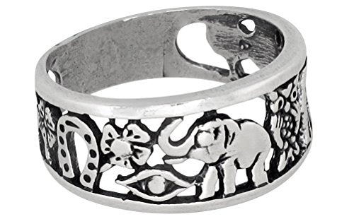 Lucky Ring Sterling Silver Oxidized Good Luck Elephant Clover Horseshoe Owl Seven Evil Eye 4 Leaf