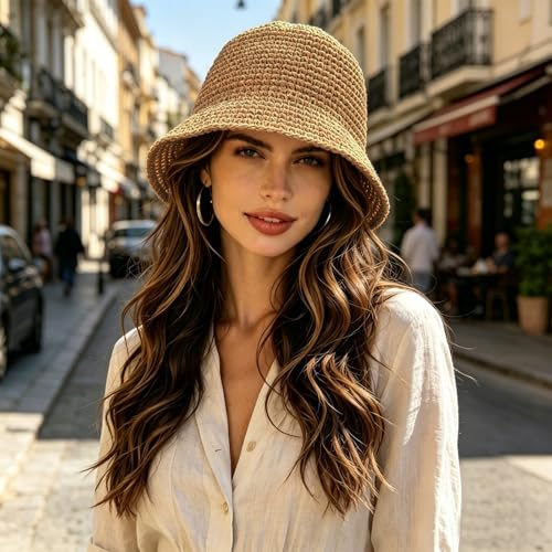 Straw Bucket Hat for Women Foldable Summer Beach Sun Hats Wide Brim Crochet Floppy Hat for Vacation Travel Shade & Style - color: Khaki-a