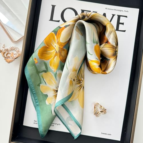 MEISEE 100% Pure Mulberry Silk Scarf 21" Square Scarf Neckerchief Headscarf Breathable Lightweight for Women Gift Packed - color: M3 Yellow Green Flower