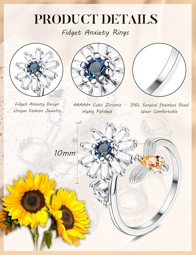 sailimue Anxiety Ring Fidget Ring for Women Men Spinner Fidget Rings for Anti Anxiety Adjustable Open CZ Flower Bead Stress Relieving Spinning Rotatable Rings 9 Pcs - color: Silver