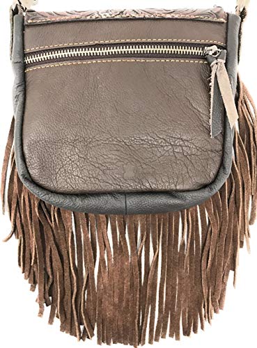 Western Genuine Leather Floral Tooled Fringe Womens Crossbody Bag 3 Color - color: Coffee/Turquoise
