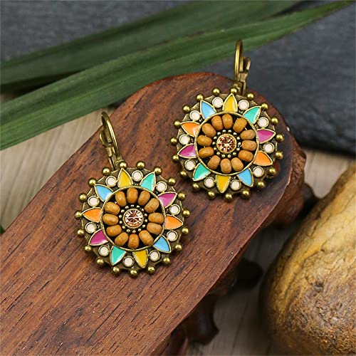 Unique Bohemian Vintage Sparkly Crystal Colorful Round Flower leverback earrings Boho Retro Bronze Circle Beaded Flower Floral Dangle Drop Earrings for Women - color: Colorful