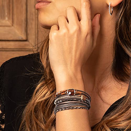 Leather Wrap Bracelet Set 3Pack Wrist Cuff Bracelet for Women Multilayer Magnetic Clasp Bracelet Feather Tree Bead Crystal Bracelet - color: Crystal Tassel