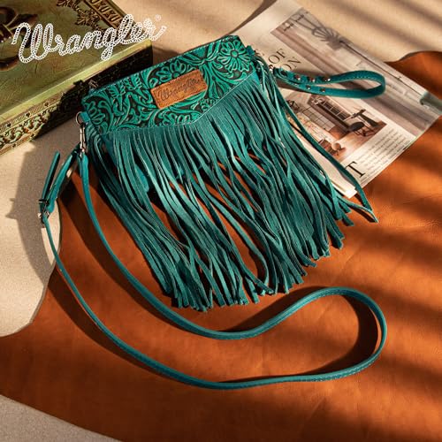 Wrangler Crossbody Small Purse for Women Wristlet Fringe Bag Western Purse - color: Angel Turquoise