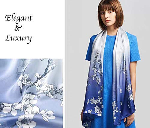 ANDANTINO 100% Silk Long Scarf-Women Large Oblong Shawls with Gift Packed - color: Blue&white Plum Flowers