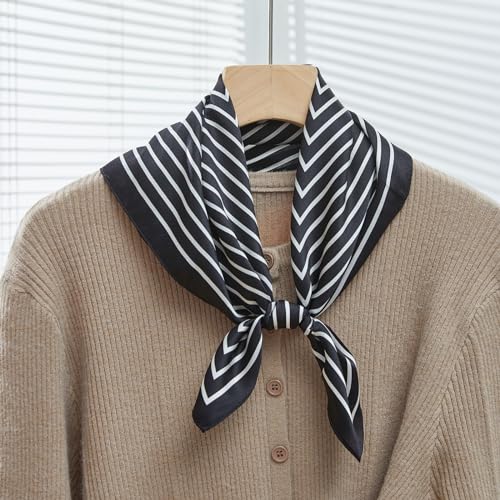 100% Mulberry Silk Neck Scarf 21''x21'' Small Square Hair Scarf for Women Men Lightweight Bandana Envelope Package - color: Classic Stripe- Black
