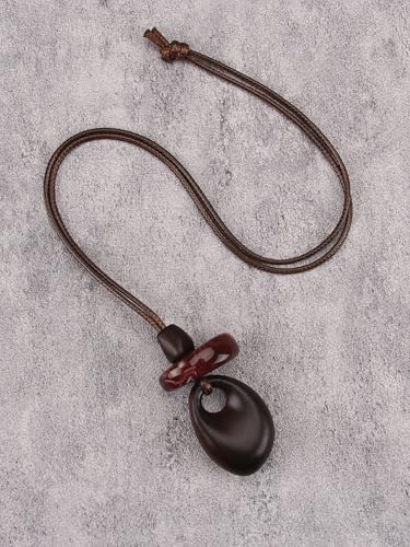 Kelake Leather Necklace for Women Men Teen Vinatge Boho Alloy Pendant Choker Jewelry Fashion Sweater Necklaces with Adjustable Genuine Leather Chain - color: Dark Brown Wood Layered Pendant