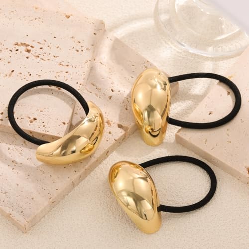 3PCS Gold Hair Ties, Metal Hair Ties for Thick Hair, Elegant Durable Geometric Design Hair Cuffs, Gold Hair Accessories Stretchy Non-Damage Ponytail Cuff Holders Holiday Gifts - color: Gold Set 05