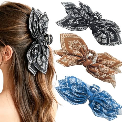 3 Pack Extra Large Boho Paisley Bandana Bow Knot Claw Clips Non Slip Hair Claws for Thick Hair Fashion Hair Accessories Gift for Women Teen Girls - color: Blue + Brown + Black