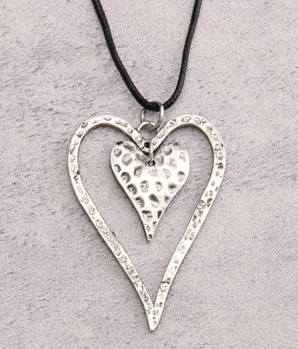 PU Leather Necklace Vintage Boho Style Multilayer Pendant Long Sweater Necklace Jewelry for Women Men with Adjustable Leather Cord - color: Antique Silver Double Heart Necklace
