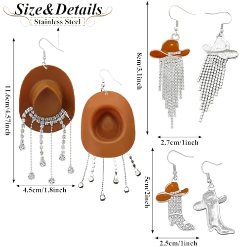 RechicGu 3 Pairs Western Cowgirl Cowboy Hat Earrings Set Silver Symmetric Boots Sparkly Rhinestone Tassels Drop Dangle Rural Culture Earrings Set For Women - color: Silver Boots,Brown Hat