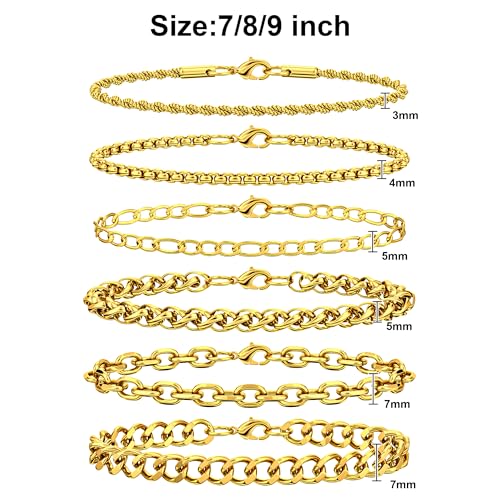 6PCS Stainless Steel Bracelets for Men Women, Silver Gold Black Cuban Link Rope Box Wheat Chain Paperclip Figaro Jewelry Set, 7/8/9 Inches - color: Gold, size: 9 inches