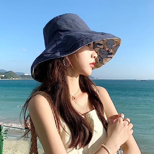 HUAMULAN Women Summer Sun Hat Wide Brim Wired Edge Floral Beach Bucket Hats Reversible Foldable Travel UV Protection Lady Hat - color: M1744-navy