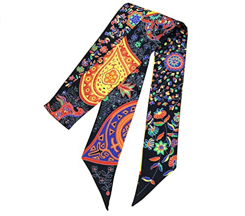 JERLA 100% Mulberry silk Scarf bag scarf Head Hair Ribbon Handbag Handle wrap Tie Bundle Neckerchief Scarf for women - color: Flower Black