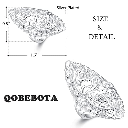 Rings for Women Summer Boho Rings Filigree Flower Ring Chunky Gold Ring Full Finger Rings Wide Band Womens Rings for Cocktail Party Birthday Gifts Statement Rings for Women - color: Silver
