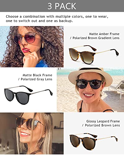 SUNGAIT Premium Vintage Round Sunglasses for Women Men Classic Retro Trendy Style - color: 3 Pack (Polarized): Matte Amber/Brown Gradient+matte Black/Gray+glossy Leopard/Brown