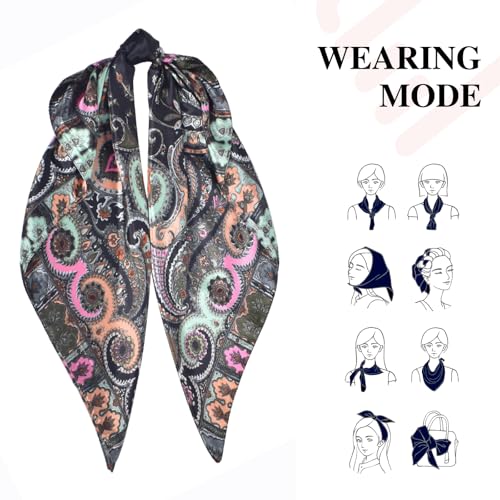 35 Inches Silk Head Scarf-Satin Hair Scarves Silk Bandana Scarf Headscarf for Women's Fashion Scarves - color: Cashews With Buddha-black