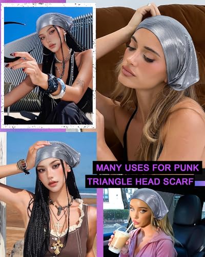 Punk Triangle Head Scarf with Metal Charms - Y2K Sparkly Bandana for Women | Vintage Neck Scarf for Festival Party Concert - color: Brushed Silver