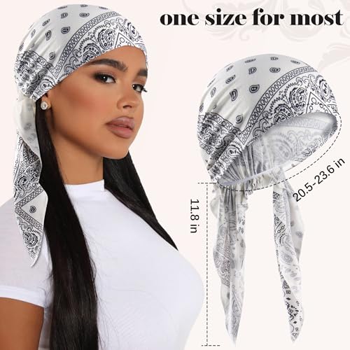 Ababalaya Chemo Headwear for Women Softer Headcover with Longer Tails, Breathable Skull Cap Non-Slip Sleep Beanie - color: Whitepaisley