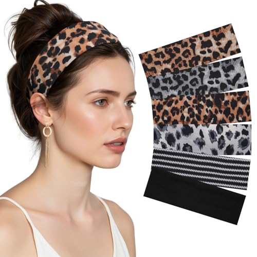 AWAYTR 6Pcs Wide Headbands for Women Non Slip Soft Elastic Hair Bands for Women's Hair for Workout Sports - color: Leopard print