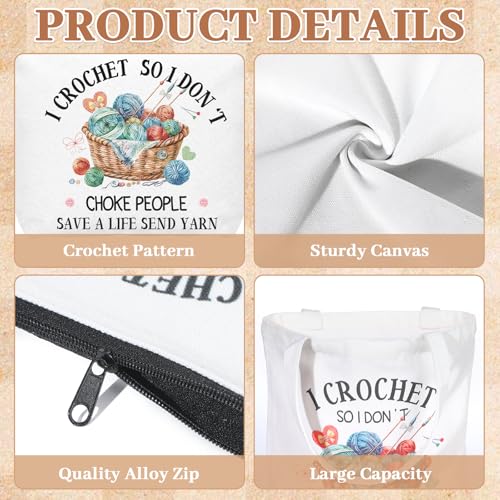 Crochet Lover Gifts for Women Funny Crochet Canvas Tote Bag with Cosmetic Pouch Bag Reusable Grocery Folding Shopping Bags Knitting Crocheting Funny Gifts for Women Friends Knitter Crocheters
