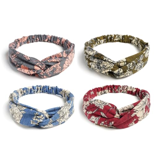 AQOKKA Elastic Knotted Headbands for Women Cloth Head Hair Bands for Women's Hair Non Slip Boho Wrap Twisted Hair Accessories - color: 4 Pack Cross Floral : Green, Grey, Blue, Burgundy