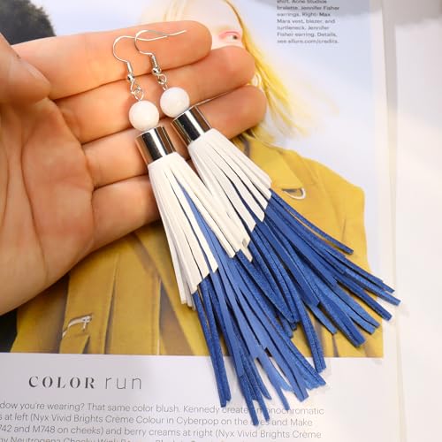 Coiris Boho Leather Layered Tassel Earrings for Women Lightweight Leather Fringe Dangle Earrings Handmade Bohemian Summer Beach Western Drop Earrings for Women - color: WhiteBlue