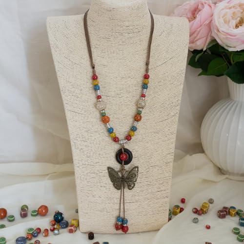 Boho Colorful Ceramic Bead Necklace for Women, Butterfly Pendant Necklace, Handmade Bohemian Statement Jewelry Gifts for Mom - color: Multi-L
