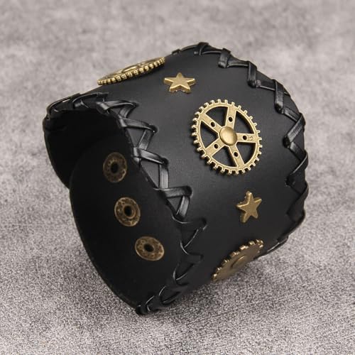 GelConnie Punk Leather Cuff Bracelet Adjustable Straps Wrap Bracelets Arm Armor Cuff Gothic Leather Wristbands for Men, Women - color: MLPB108-Black