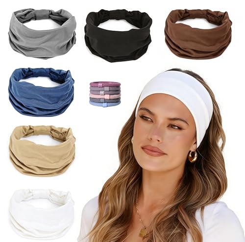 Wide Headbands for Women - 6 Pack Thick Stretchy Elastic Cloth Head Bands for Women's Hair, Non Slip Sweat Bands Soft Workout Headbands for Running, Makeup Headband for Washing Face, Spa & Skincare - color: 6 Color (White+Black+Khaki+Dark Brown+Dark Gray+
