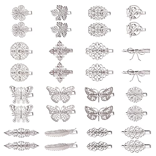 Cinaci 32 Pack/16 Pairs Small Metal Silver Retro Vintage Leaf Flower Butterfly Alligator Hair Clips Duckbill Mini Barrettes Decorative Tiny Hair Pins Accessories for Women Girls Fine Thin Short Hair - color: Silver