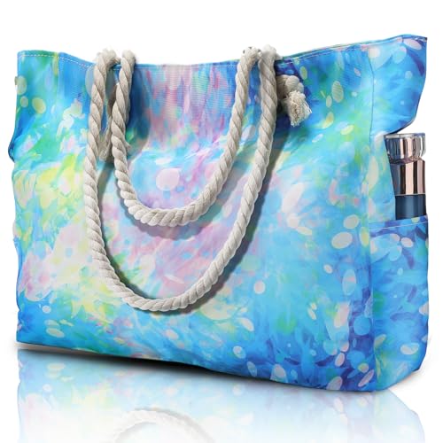 Clothirily Beach Bag for Women - Large Beach Tote Bag, Waterproof Sandproof Beach Bag with Zipper, Large Swim Pool Beach Tote - color: Tie Dye Blue