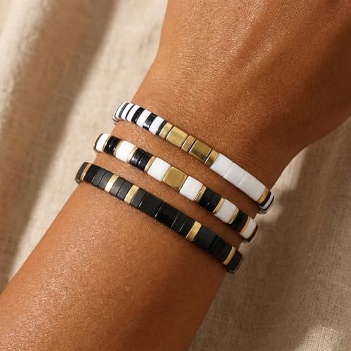 Tila Flat Square Stack Beaded Bracelets Set for Women Men, Boho 3Pcs Romantic Handmade Healing Gold Colorful Stretch Accessories Jewelry, Daily Vacation Party Holiday Friendship Gift - color: Black White Black