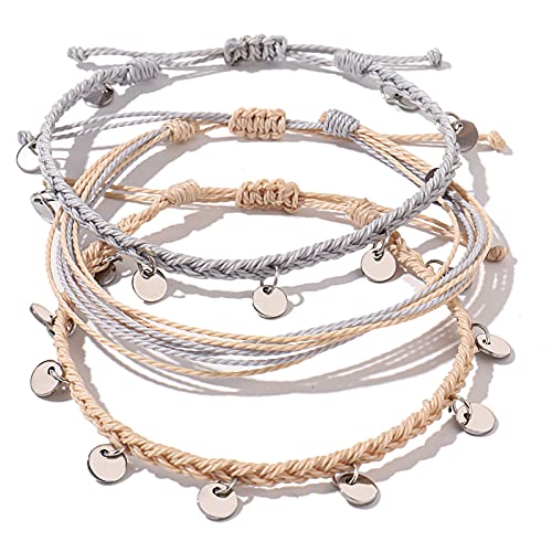 FANCY SHINY String Ankle Bracelets Waterproof Rope Anklets Braided Beach Boho Coin Anklets Cute Friendship Foot Jewelry for Women - style: Ivory/Gray