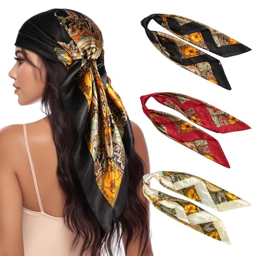 3 Pcs Satin Head Scarves for Women - 35" Satin Hair Scarves Large Square Silk Like Scarves & Bandanas - color: Black,beige,red