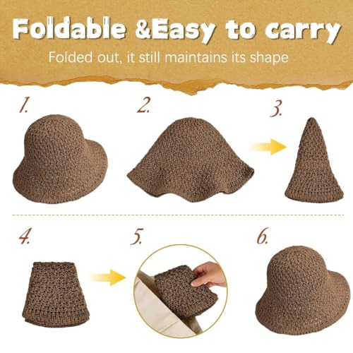 Sun Hat for Women Beach Hat Straw Bucket Hat Summer UV Protection, Packable Breathable Crochet Style - color: 1pack-coffee