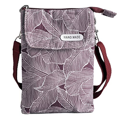 Roomy Cell Phone Purse Wallet Canvas Small Crossbody Purse Bags with Shoulder Strap For Women teen girlsl | Roomy - color: A-wine Red/Purple Leaves