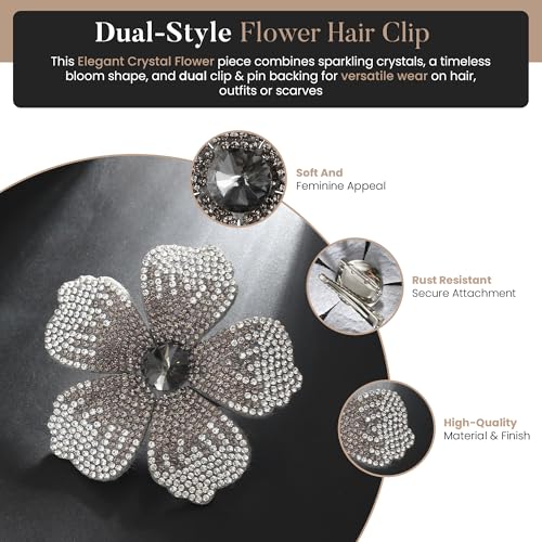 2.9 Inches Created Crystal Hibiscus Hawaiian Flower Hair Clips for Women | Boho Braids Artificial Flower Clips for Hair - color: Grey